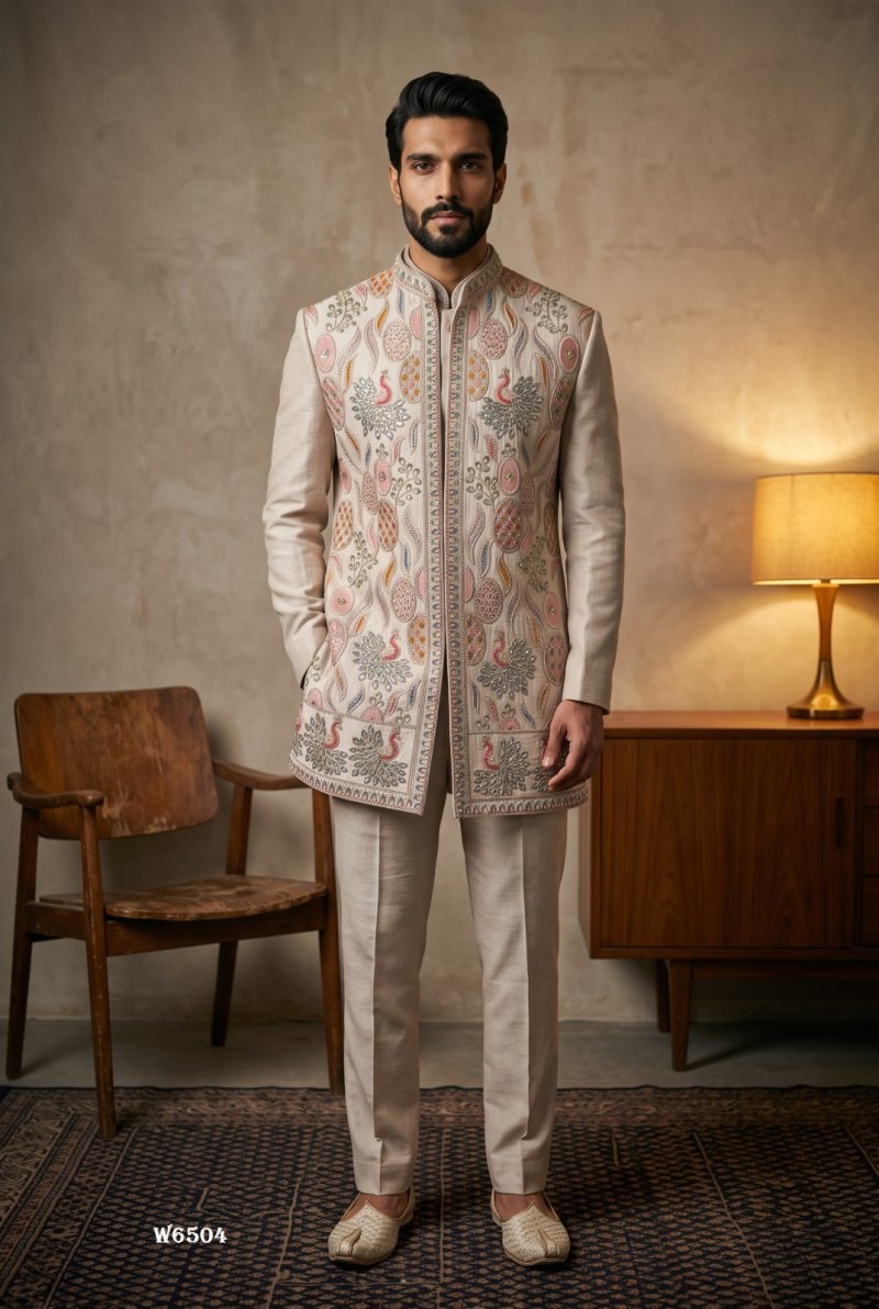 Cream Outluk Wedding Vol 65 Lachaka Embroidery Mens Indo Western W6504